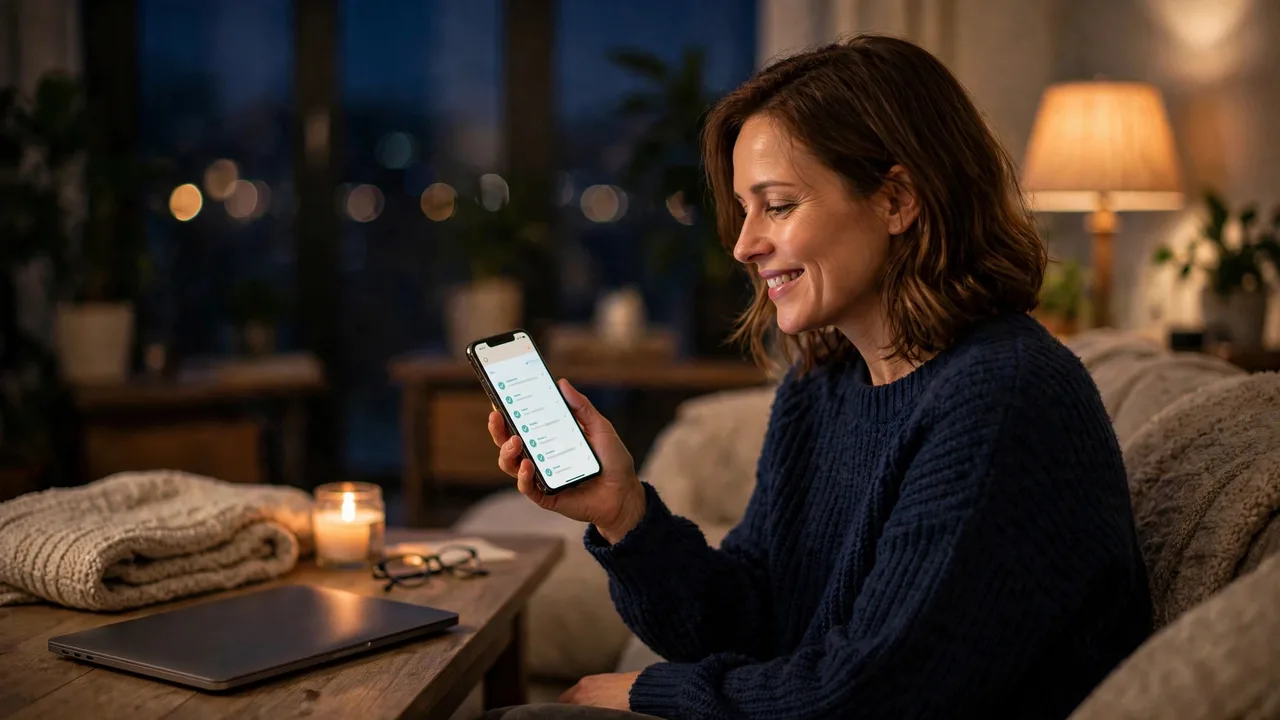 The same marketing manager at home in the evening, laptop closed, calmly checking her activity log on her phone